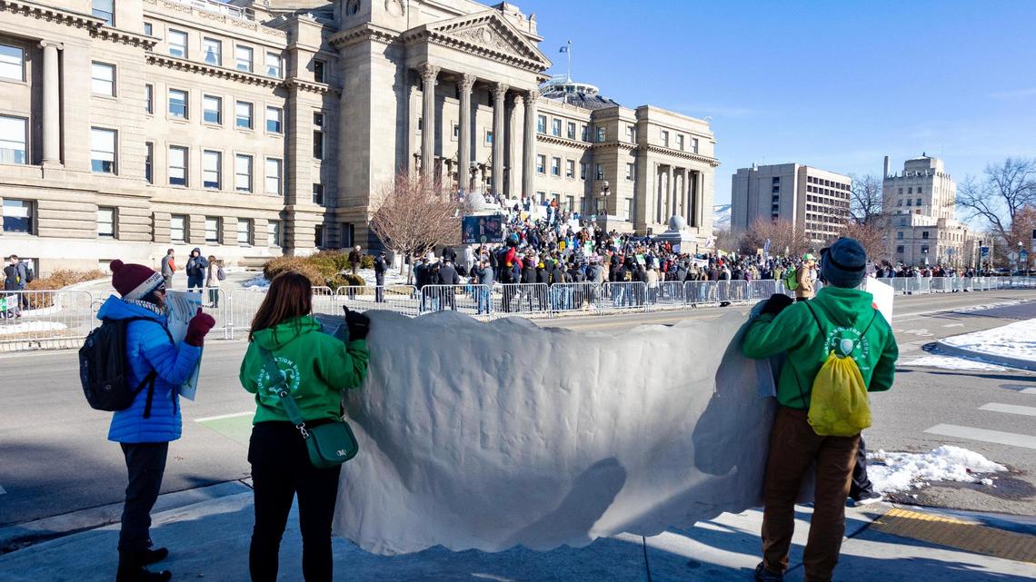 Demonstrators against Idaho’s abortion restrictions protest across the street from the March for Life rally at the Idaho Capitol on Saturday, Jan. 21, 2023. Lewis-Clark State College in Lewiston recently removed art from an exhibit, citing law that bans using public funds for abortion promotion.