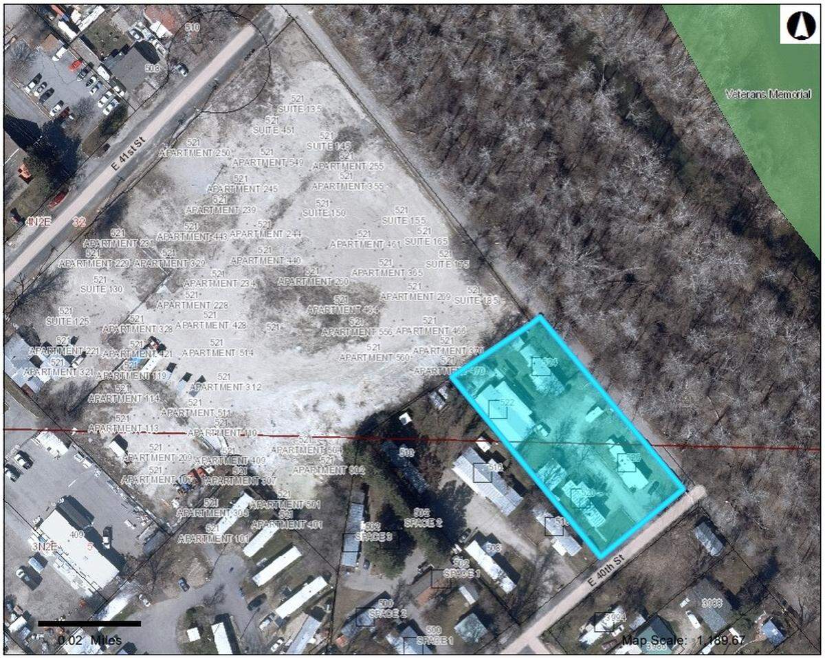The property at 520 E. 40th St. in Garden City whose new owner, Brooklyn Park LLC, of Garden City, plans to replace a small mobile-home park with riverfront-oriented residential and commercial development. The Boardwalk development, now under construction, is on the larger parcel to the left. The Greenbelt and Boise River is at right.