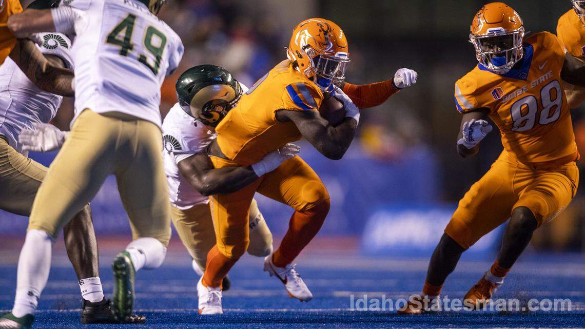 Boise State running back Ashton Jeanty fights for yards against Colorado State last season. He finished his freshman year with 821 yards and seven touchdowns.