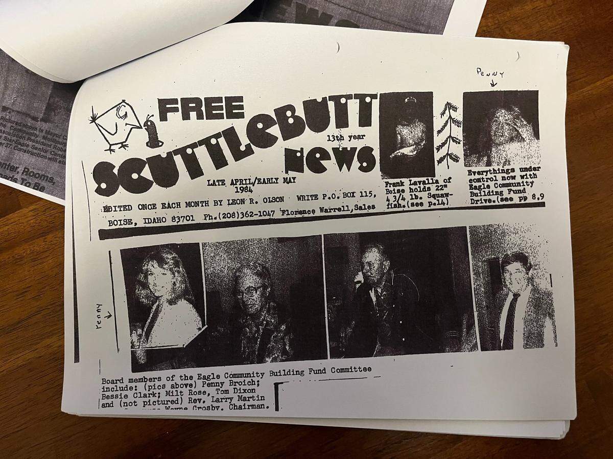 A clipping shows members of the Eagle Community Building Fund in 1984. This group worked to get the senior center building on Old State Street built.