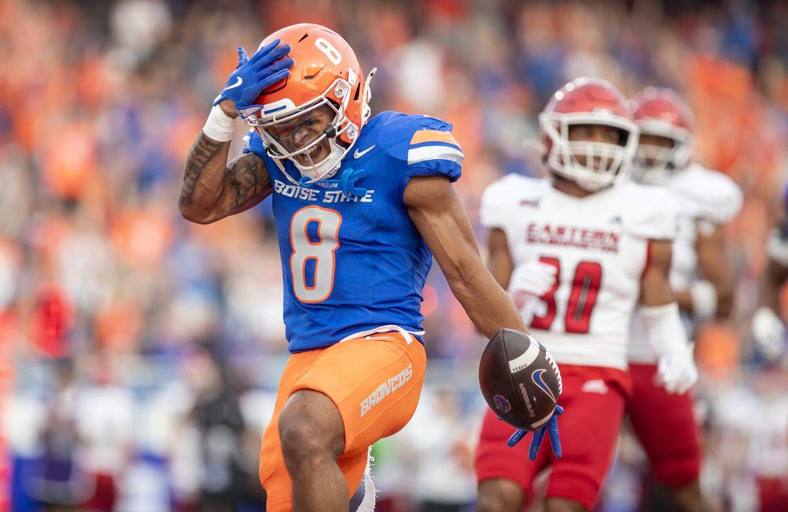 Boise State running back Malik Sherrod celebrates after scoring a touchdown on just the third play of the game Friday night. The Broncos rolled to a 51-14 win over Eastern Washington.