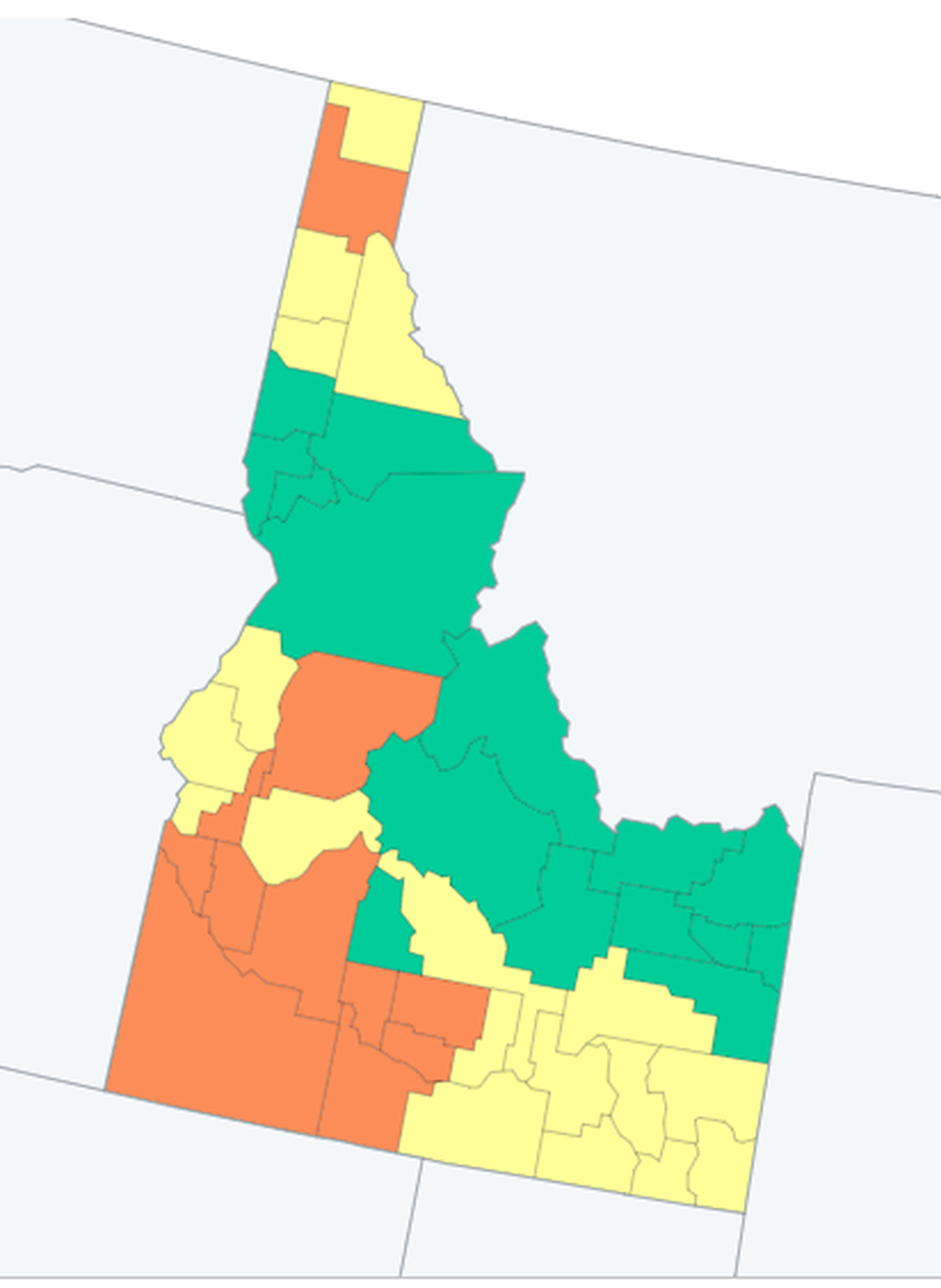 New guidelines from the Centers for Disease Control and Prevention show which Idaho counties are at high (orange), medium (yellow) or low (green) risk from COVID-19 based on calculations of the number of hospital beds in use, the number of hospital admissions and the total number of new COVID-19 cases in the area.