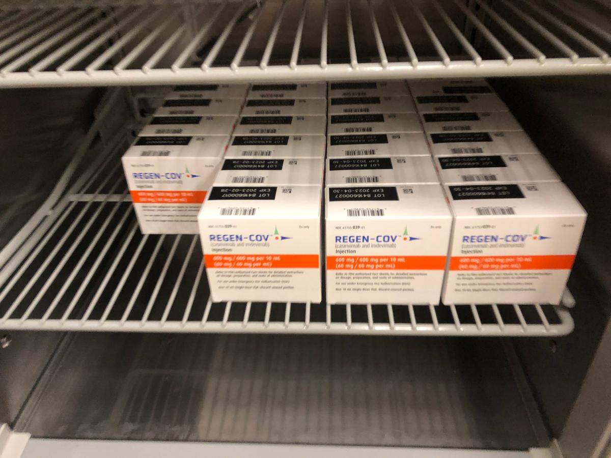 Boxes of the Regeneron Pharmaceuticals antibody medication REGEN-COV in storage at a St. Luke’s Meridian infusion center for COVID-19 patients.