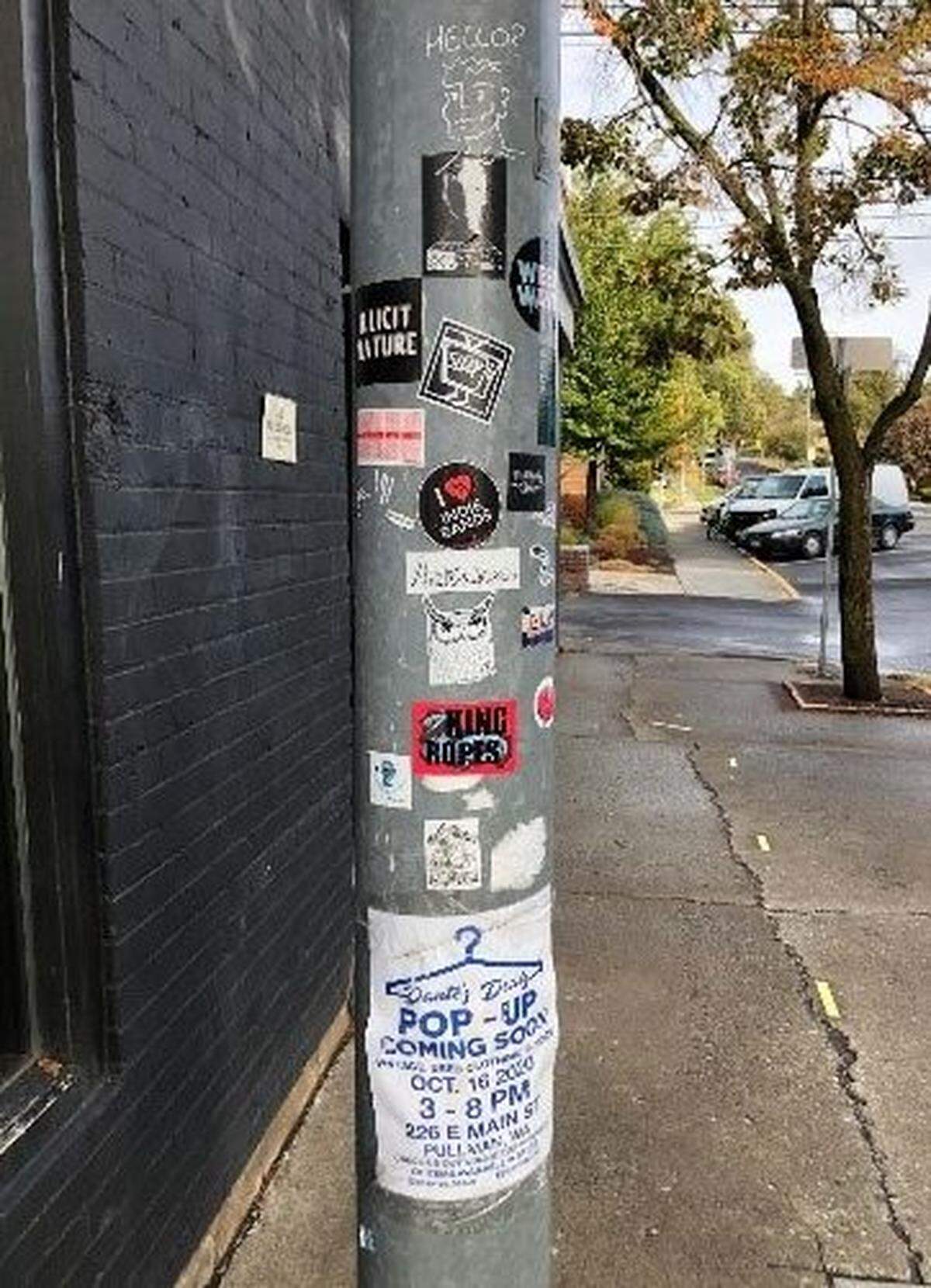 Various stickers, fliers and scrawlings are a common sight on downtown Moscow street poles.
