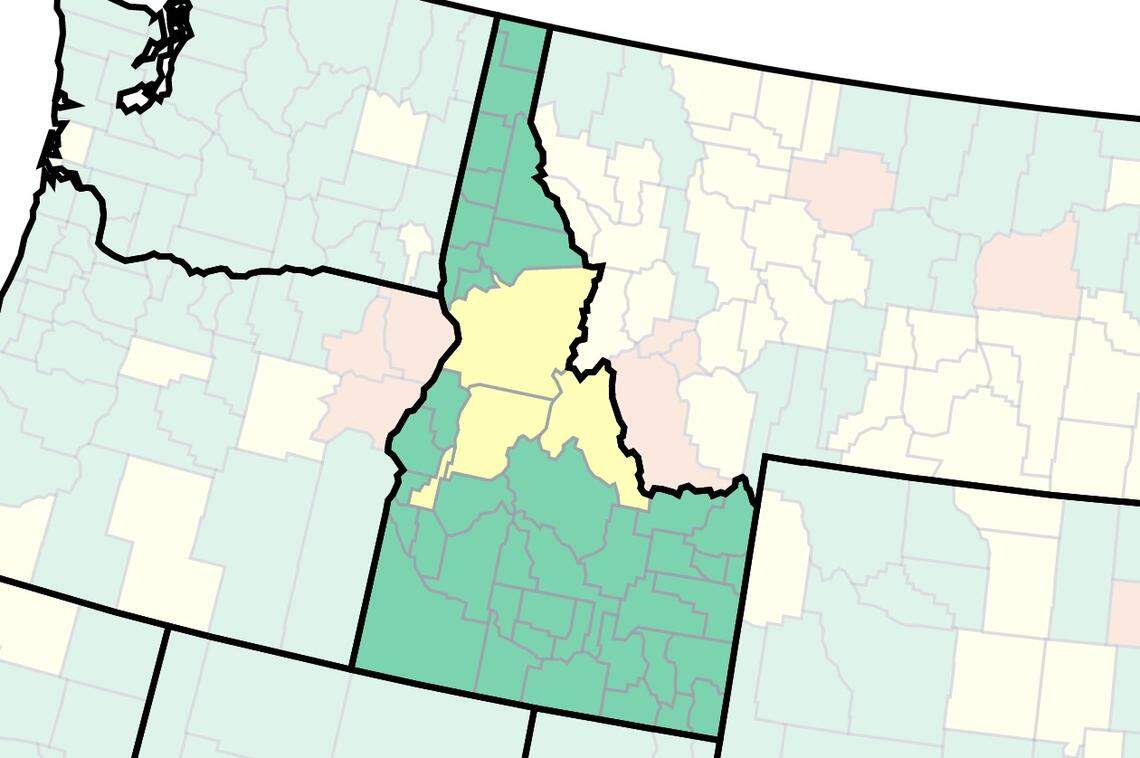 Boise officials say the COVID-19 pandemic is now “endemic.” This Centers for Disease Control and Prevention map shows each Idaho county’s community risk, which is calculated based on case levels and hospital metrics. Green is the lowest risk level, while yellow is medium.