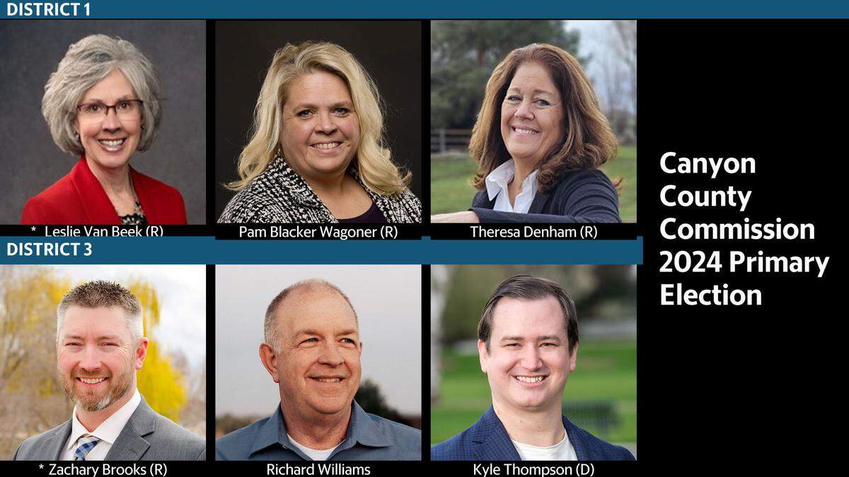 Canyon County Commission 2024 primary election candidates. From left: District 1: Leslie Van Beek (R-incumbent), Pam Blacker Wagoner (R), Theresa Denham (R). District 3: Zachary Brooks (R-incumbent), Richard Williams (R), Kyle Thompson (D).