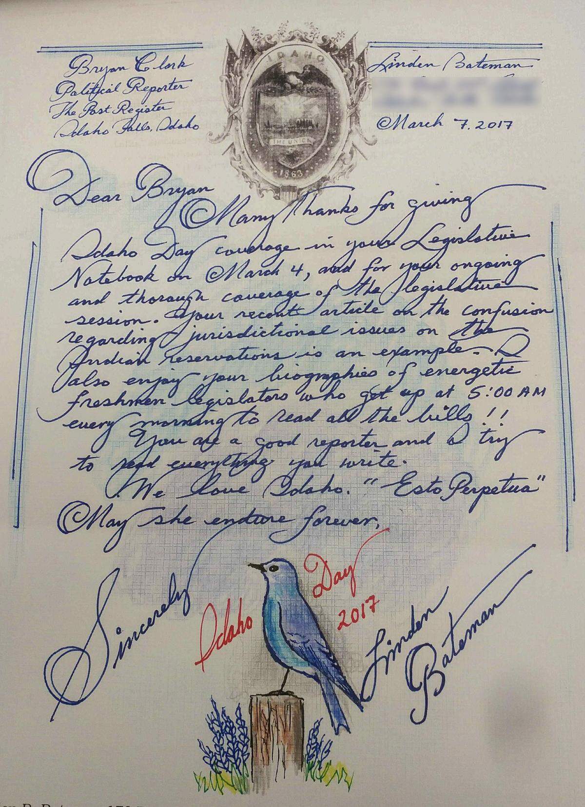 A personal letter written by Rep. Linden Bateman in 2017.