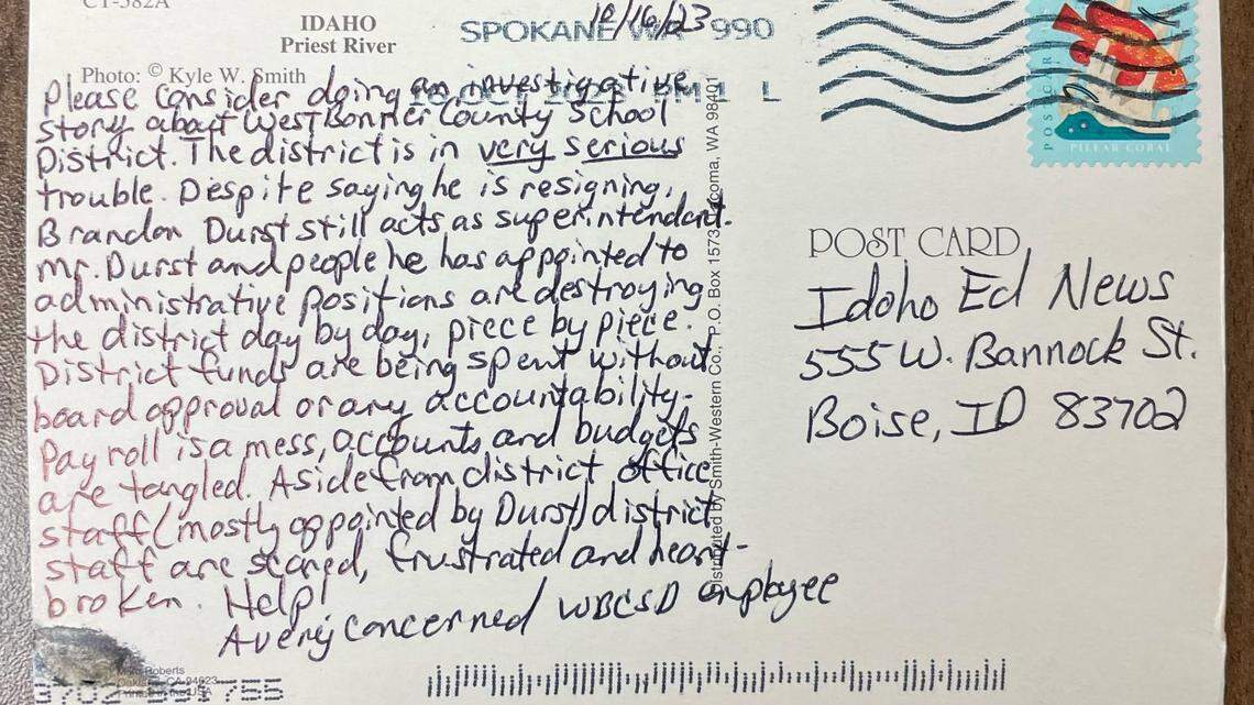 Idaho Ed News received this postcard Thursday outlining the problems in West Bonner and seeking assistance.