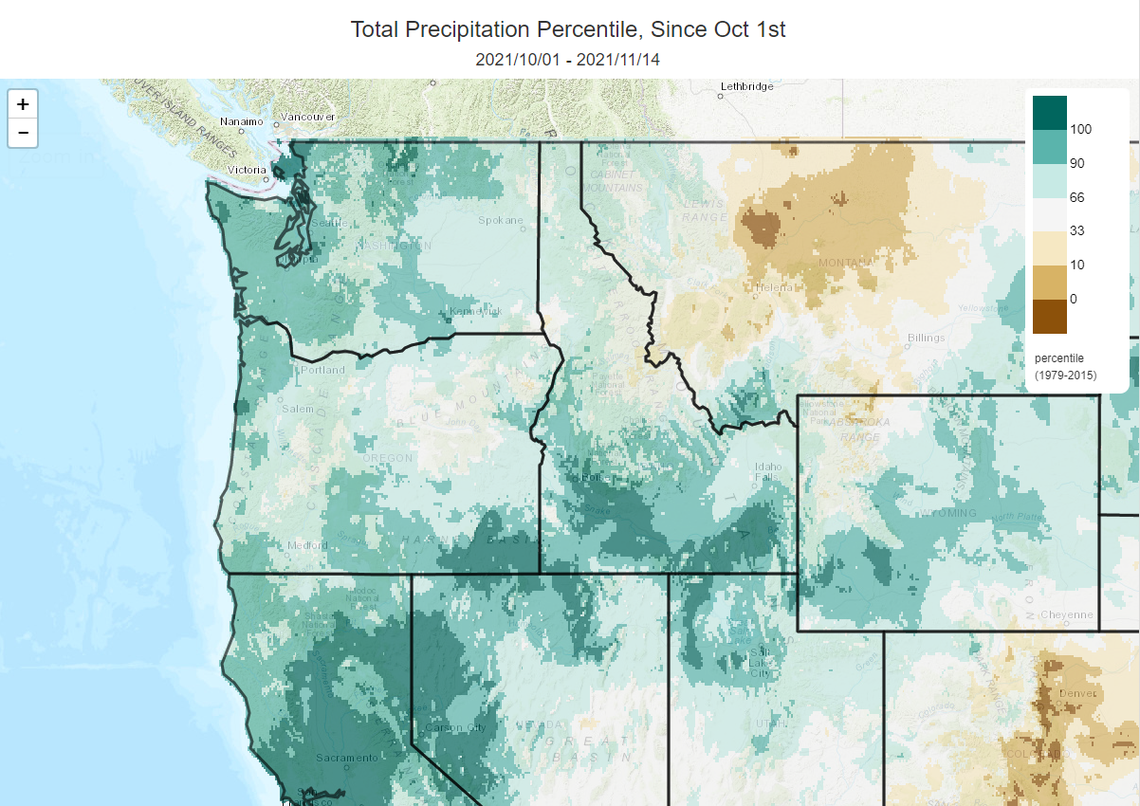 This graphic shows the percentage of precipitation that has fallen compared to the average between Oct. 1 and Nov. 14, 2021. An unusually rainy October set Idaho up for some drought recovery.