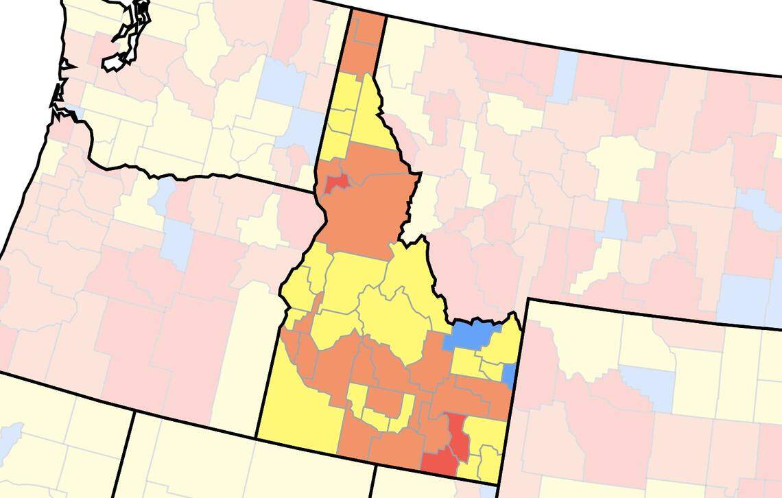 This is the U.S. Centers for Disease Control and Prevention’s latest COVID-19 community transmission map. It shows what areas of Idaho are at the highest risk for spread of the disease based on the number of positive test results. As of Thursday, only Lewis, Bannock and Oneida counties are in the high-risk category, or red zone. The orange areas of the map show a “substantial” level of transmission.