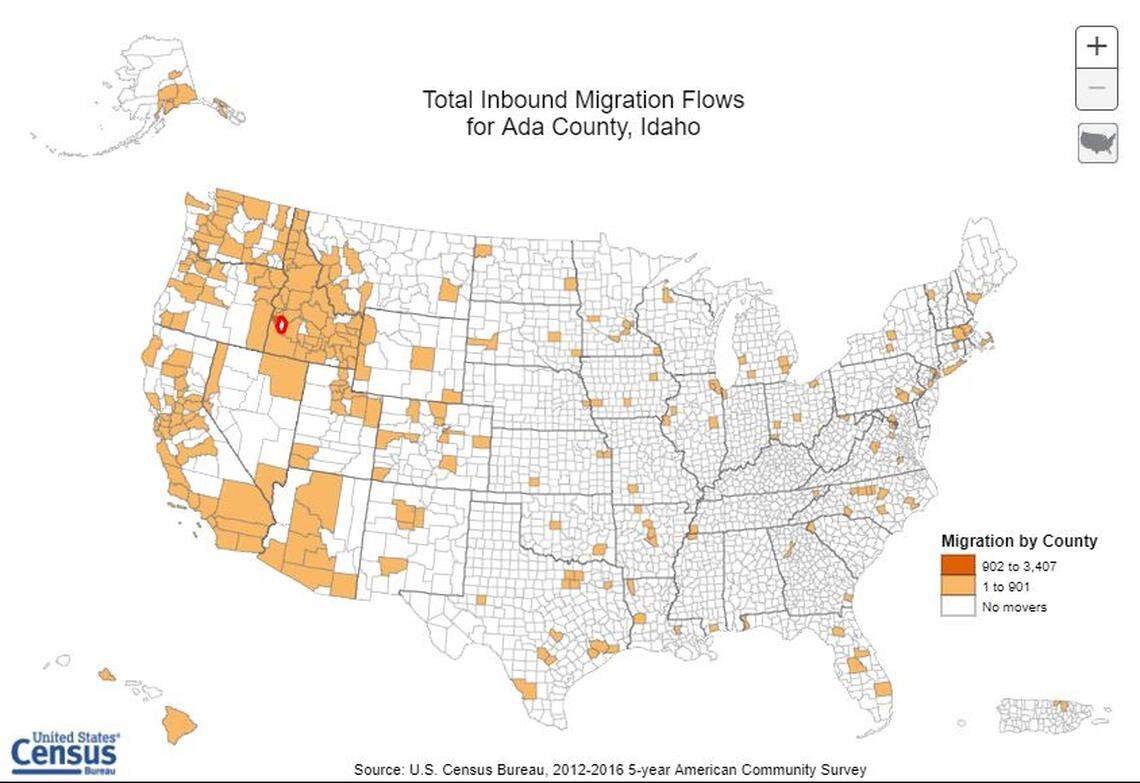 Most new residents to Ada County came from other counties in Idaho or from western states.