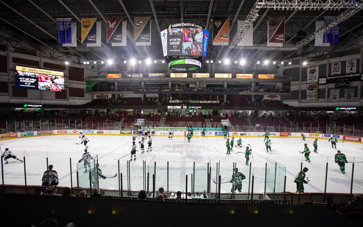The Idaho Steelheads and Utah Grizzlies minor league hockey teams warm up on the ice for their game at Idaho Central Arena on Wednesday.
