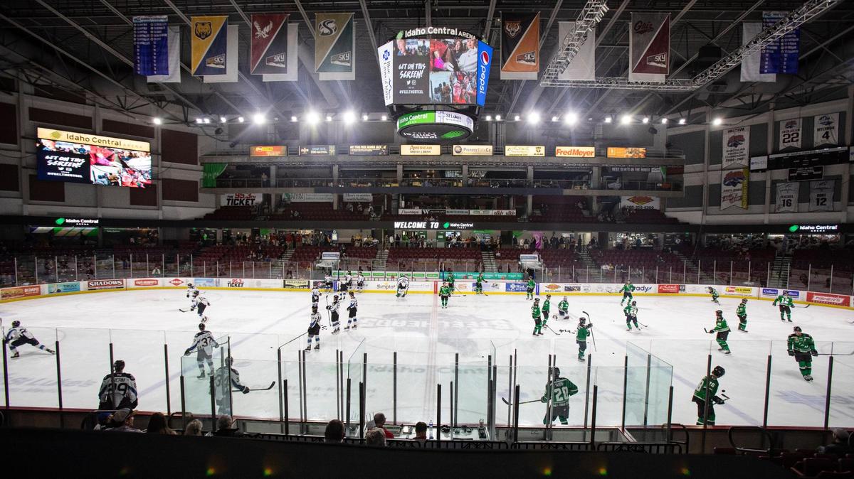 The Idaho Steelheads and Utah Grizzlies minor league hockey teams warm up on the ice before a game at Idaho Central Arena on April 6. The Arizona Coyotes and Las Vegas Knights will play at Idaho Central Arena on Oct. 8.