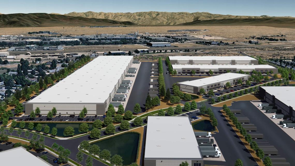 This east-facing aerial rendering shows the proposed development that would include seven buildings spread across 78 acres next to Interstate 84, about a three mile drive from Micron’s campus. the Blue Valley neighborhood is at left.