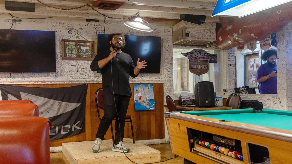 Rain Forest perform a comedy routine at an open mic night at Double Tap Pub in downtown Boise, Sunday July 28, 2024.