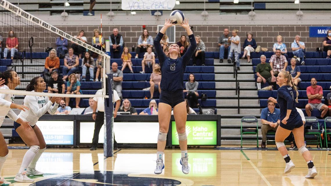 Skyview sophomore Alex Bower sets the volleyball during the Hawks’ match against Mountain View on Thursday in Meridian.