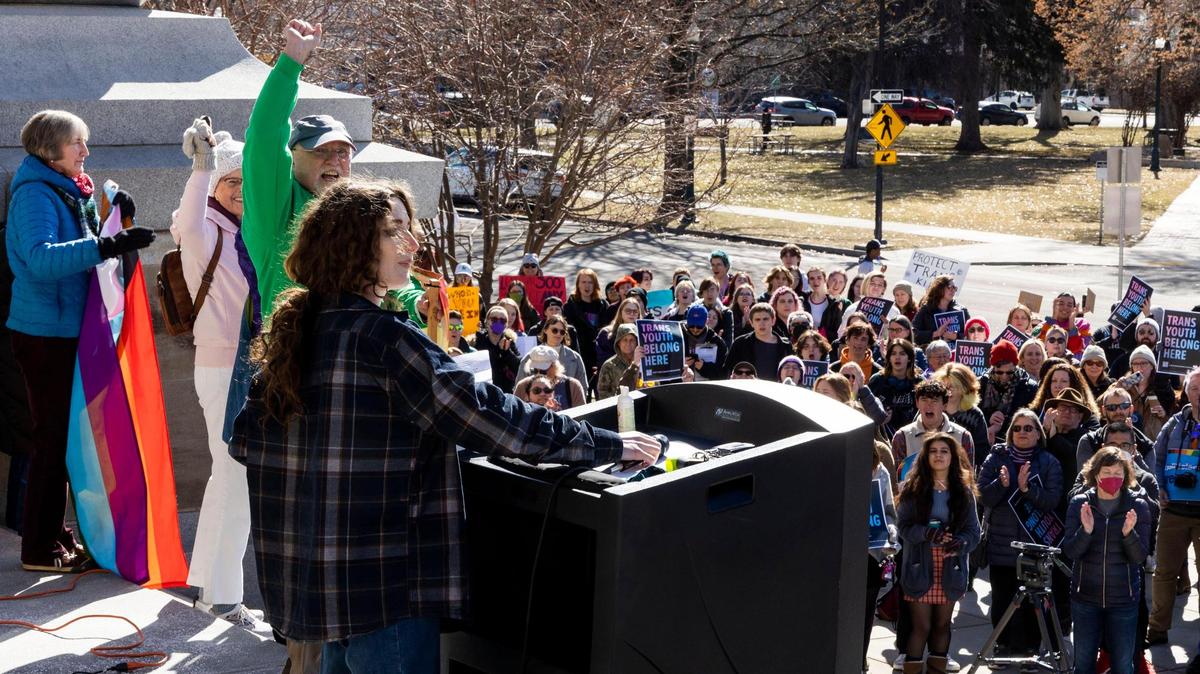 Eve Devitt, 17, a transgender woman of Boise addresses a crowd of more that 300 people on the steps of the Idaho State Capitol Building opposing anti-transgender legislation, Friday, Feb. 24, 2023, in Boise. House Bill 71 if passed into law would ban gender-affirming health care for minors in Idaho, and Senate Bill 1100 would make it a crime for someone to enter a school a designated bathroom if they were not the same sex by birth.