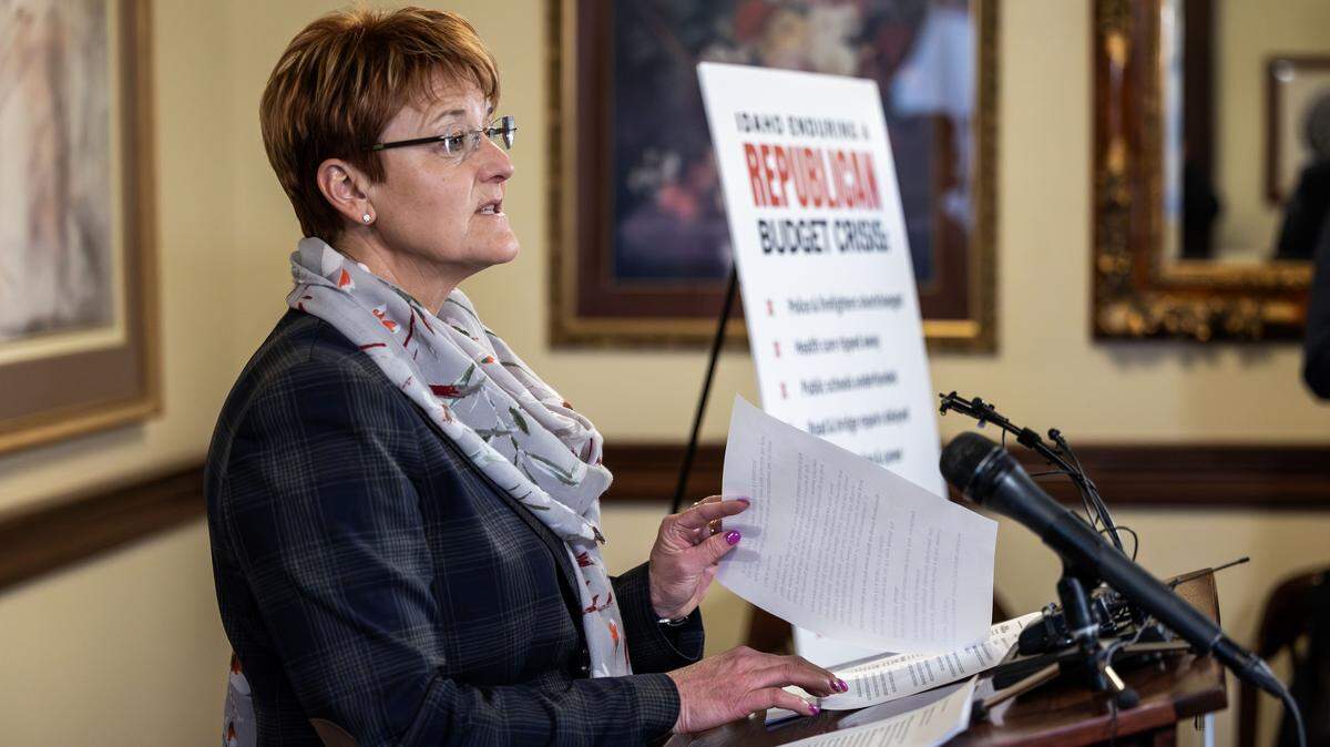 Senate Minority Leader Melissa Wintrow, D-Boise, lists budget cuts passed by Republicans in the 2026 Idaho legislative session during a news conference April 3 at the Capitol.