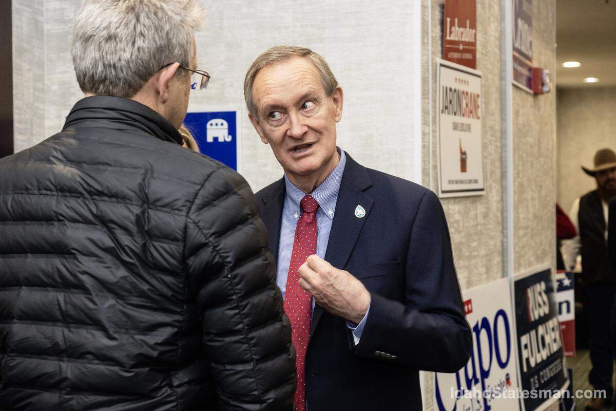 U.S. Sen. Mike Crapo, R-Idaho, meets with supporters at an Idaho Republican Party watch party Tuesday at The Grove Hotel in Boise.