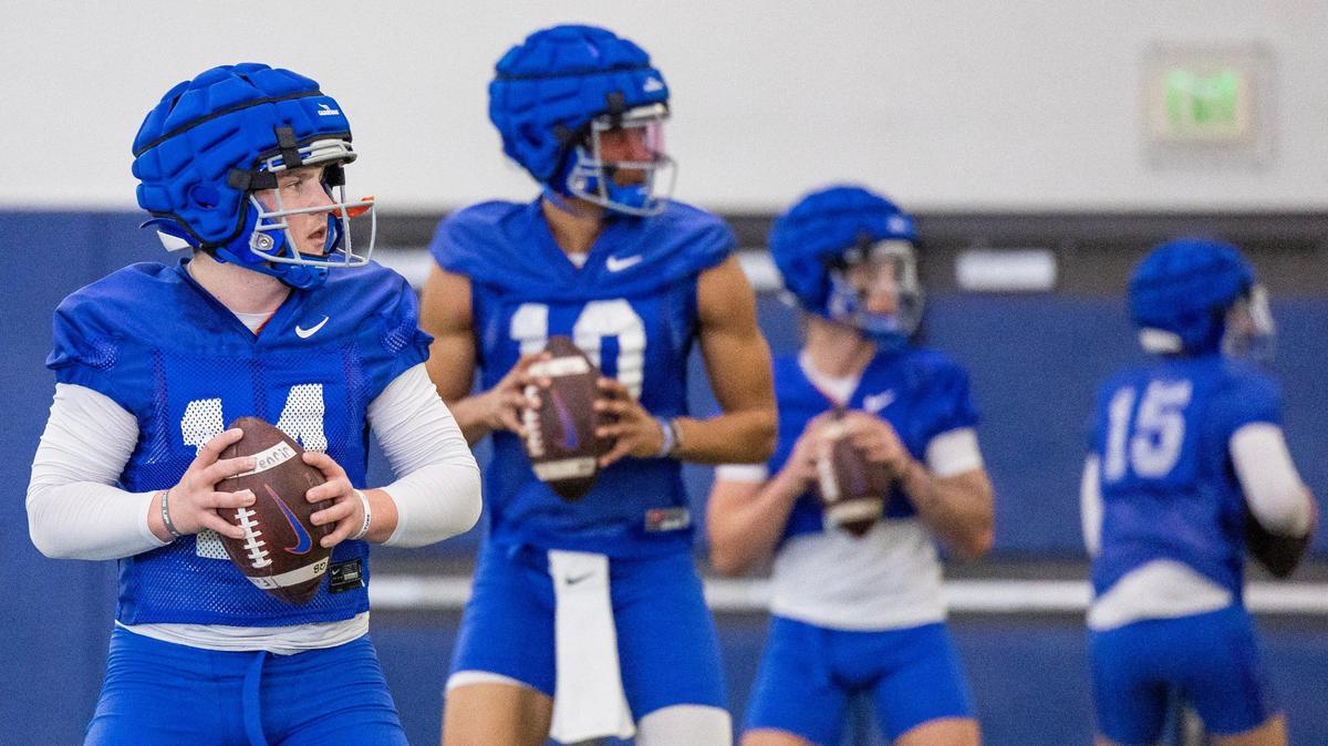 Boise State’s Chase Penry, left, Taylen Green, CJ Tiller and Colt Fulton do drills during spring football practice at the Caven-Williams Sports Complex on Thursday.