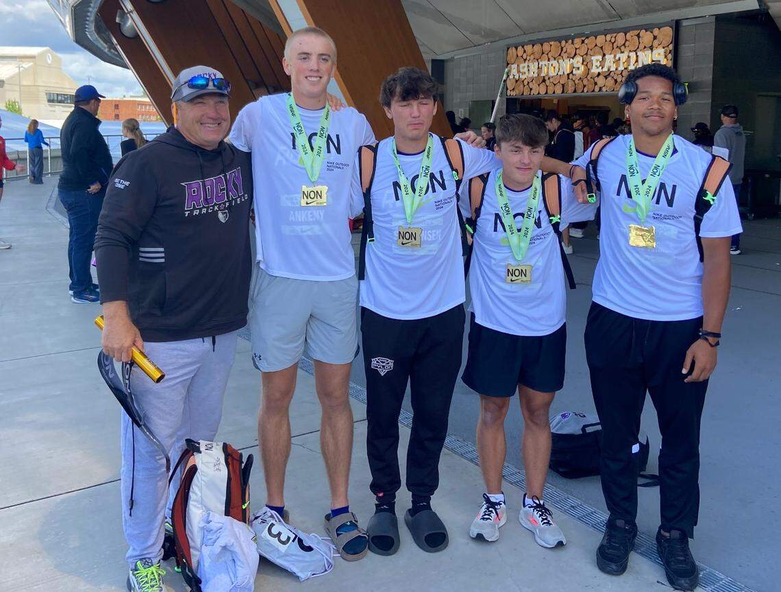 Rocky Mountain High’s boys 4x100 poses for a photo after taking first place at the Nike Outdoor Nationals in Eugene, Oregon.