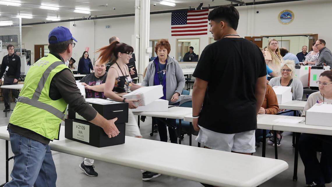 Ada County poll workers process unused ballots at the county Elections Office after the May 2024 primary election.