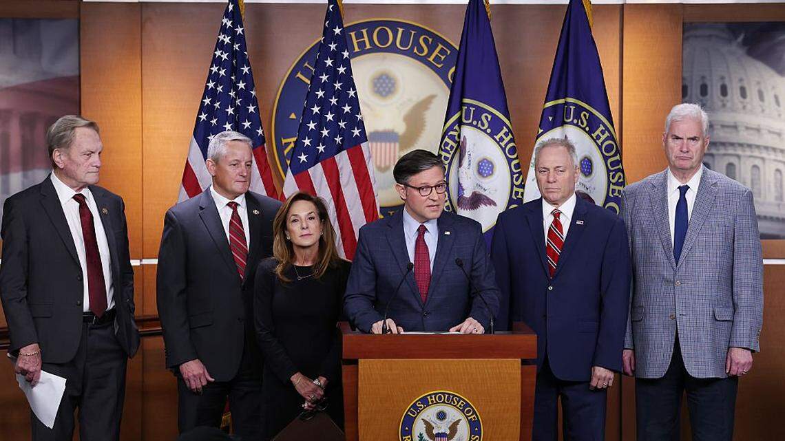 WASHINGTON, DC - OCTOBER 22: U.S. Speaker of the House Mike Johnson (R-LA) speaks during a news conference on the government shutdown at the U.S. Capitol on October 22, 2025 in Washington, DC. Johnson was joined by  The government shutdown has entered its 22nd day. (L-R) Johnson was joined by Rep. Mike Simpson (R-ID), Rep. Bruce Westerman (R-AR), House Majority Conference Chair Lisa McClain (R-MI), Majority Leader Steve Scalise (R-LA), and House Majority Whip Tom Emmer (R-MN). (Photo by Anna Moneymaker/Getty Images)