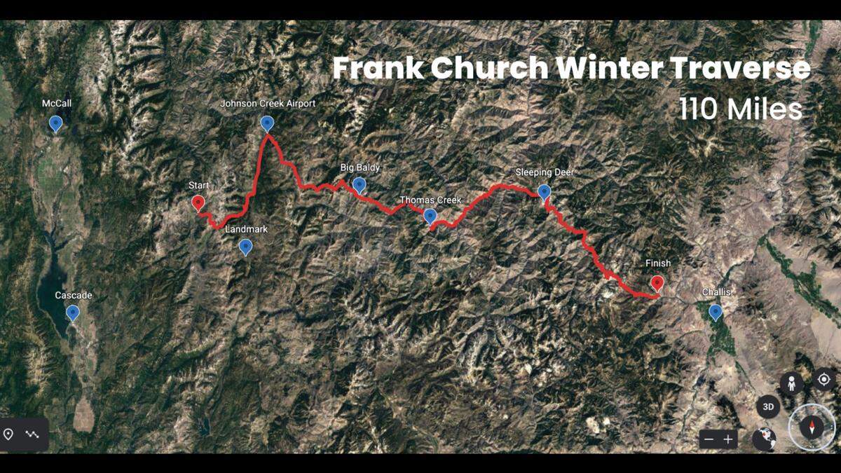 Dan Noakes traversed this 110-mile route across the Frank Church-River of No Return Wilderness, starting near McCall and ending near Challis.