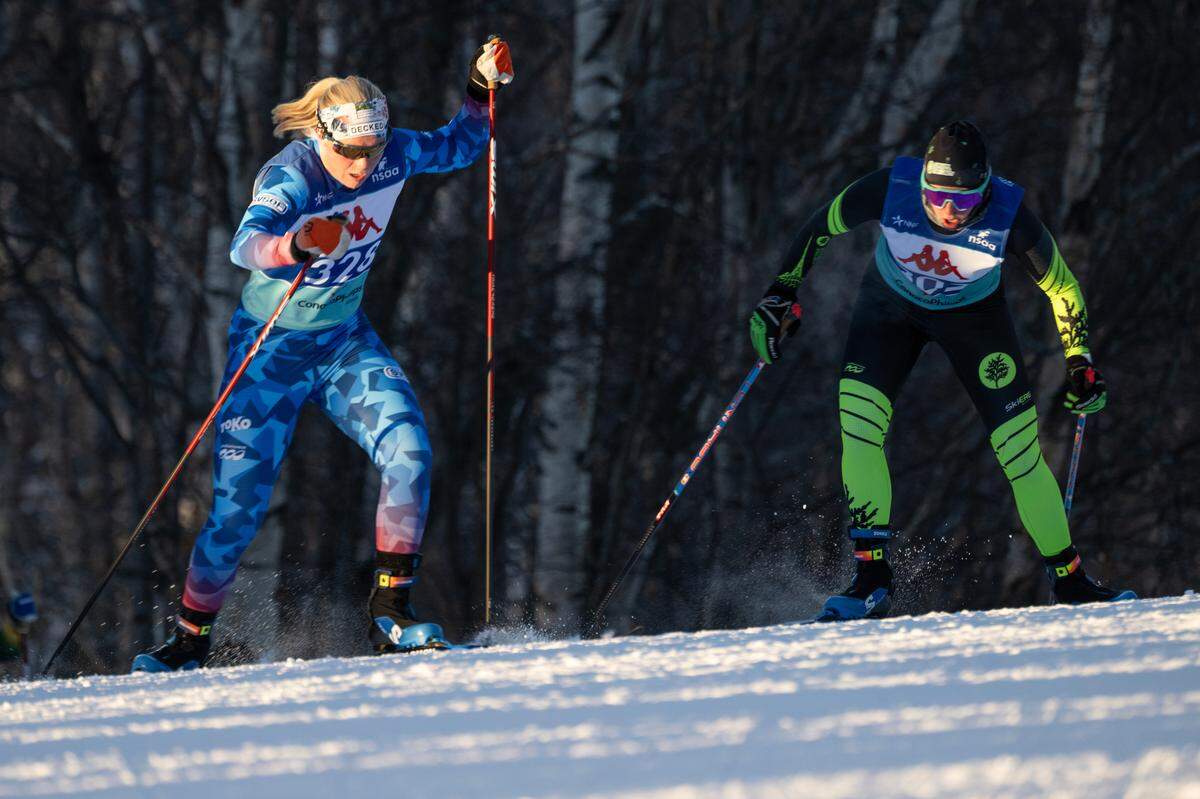 Boise native Sammy Smith, left, climbs a hill during the women’s 10-kilometer freestyle race at the U.S. Cross Country Ski Championships on January 2 in Anchorage, Alaska. Smith finished seventh among Americans and 12th overall in the event.