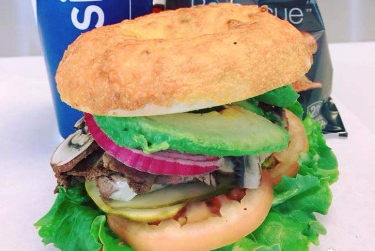 A beefy Tri-Tip ($6.99) is one of the sandwiches sold at Sarah’s Bagel Cafe.