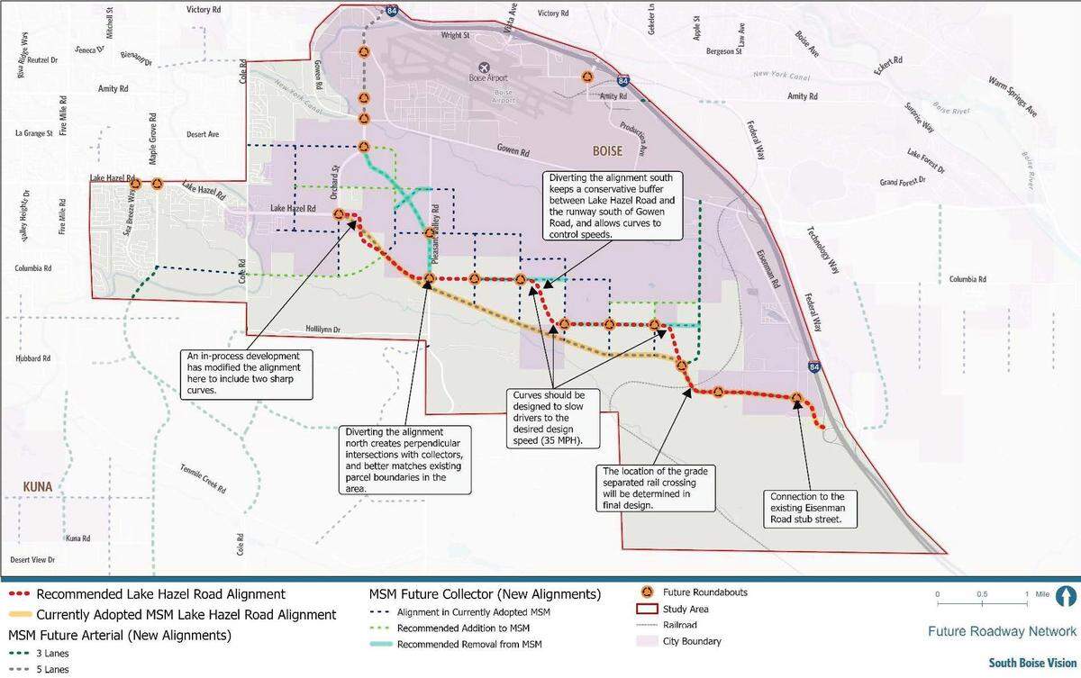 Dashed lines show prospective streets south of the airport, with possibilities for a Lake Hazel extension in red and orange. 