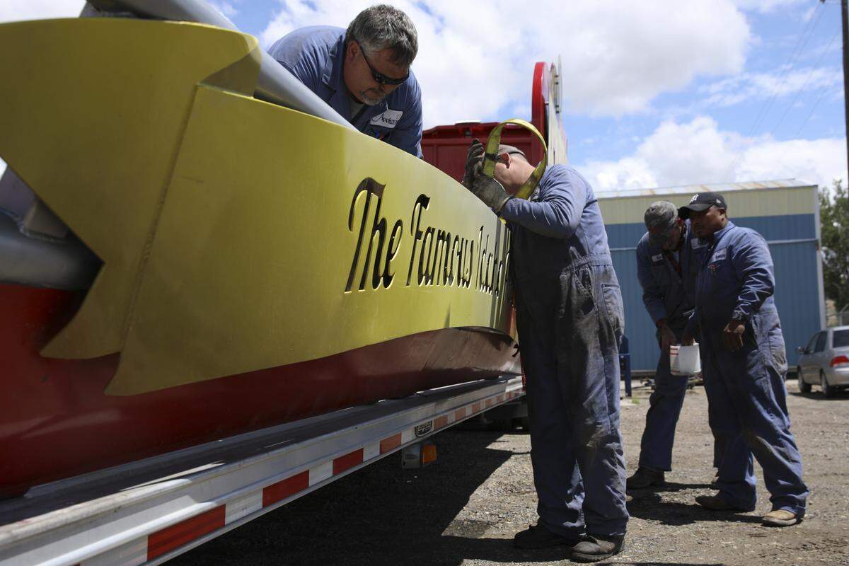 The crew at Appleton Produce in Weiser helped Schoield Design fabricate and install the side rails and signs for the Big Idaho Potato trailer.
