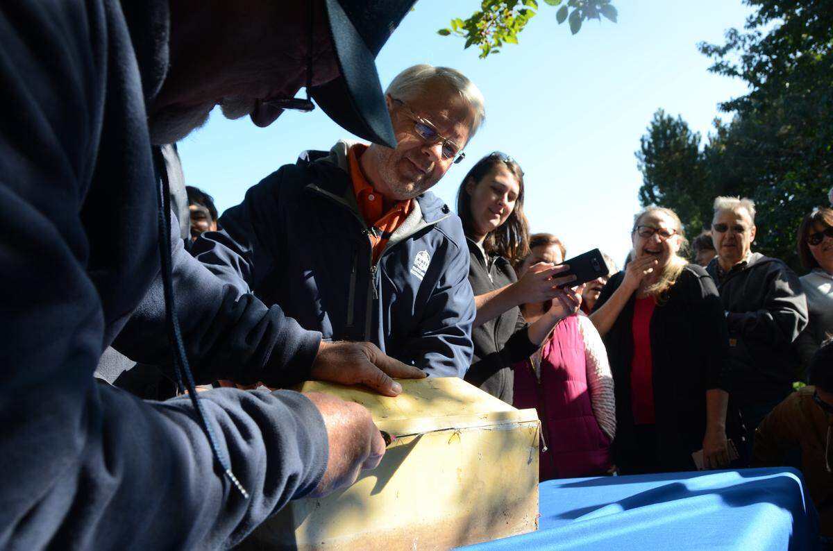 Boise Parks and Recreation director Doug Holloway, right, during a 50th anniversary celebration on the Boise River Greenbelt in 2019.