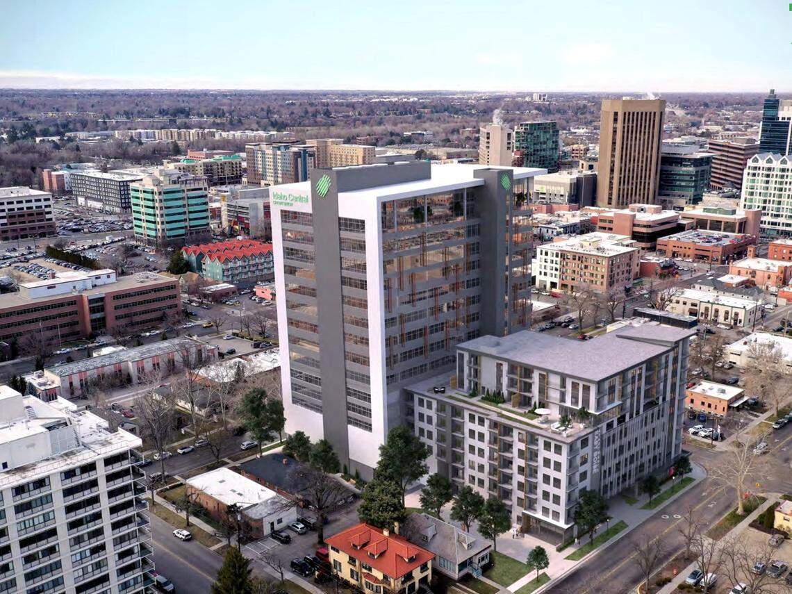 An artist’s rendering of the building proposed by Ball Ventures Ahlquist and Idaho Central Credit Union at 200 N. 4th St. The “mixed use” building would have housing, offices, retail and parking. This view looks to the southwest. Fifth Street is lower left, Bannock Street lower right.