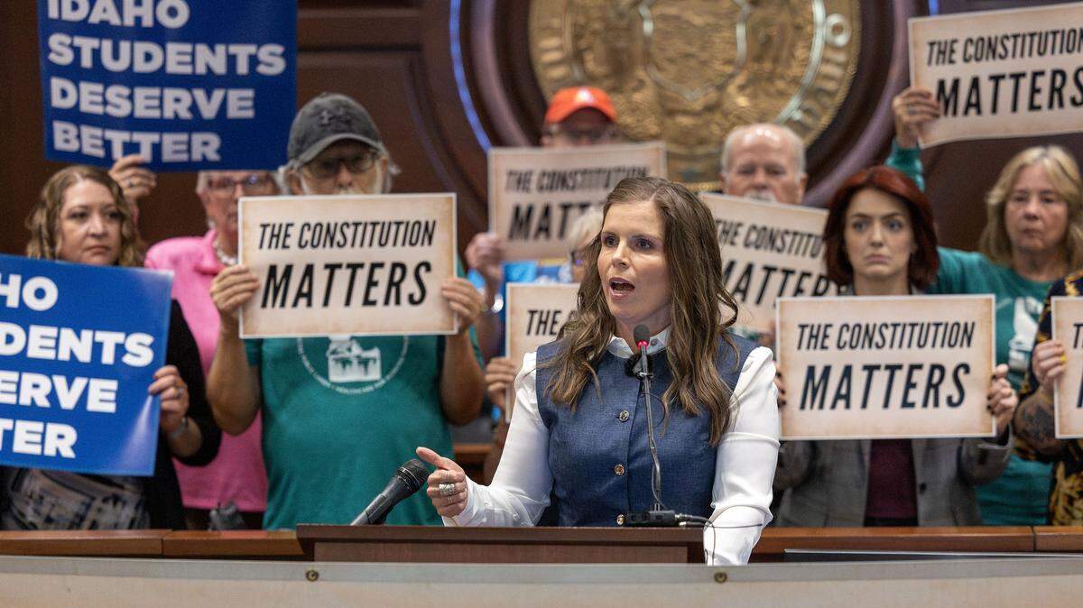 Alexis Morgan, of Eagle, speaks at an event at the Idaho Capitol announcing a lawsuit against House Bill 93.