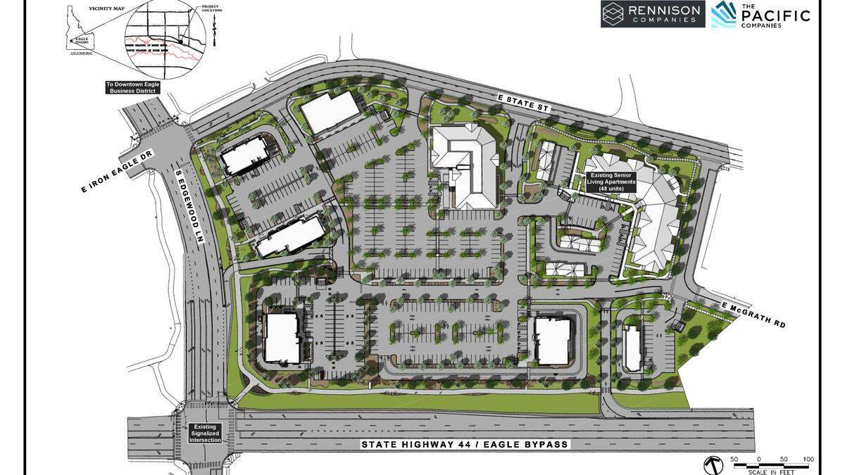 A map of the proposed site plan of the East End Marketplace that Eagle City Council chose to table. Three drive-thru restaurants would fill the bottom buildings and a fourth would be at top left. All traffic exiting from the shopping center would be funneled onto McGrath Road, at right, or East State Street, at top.