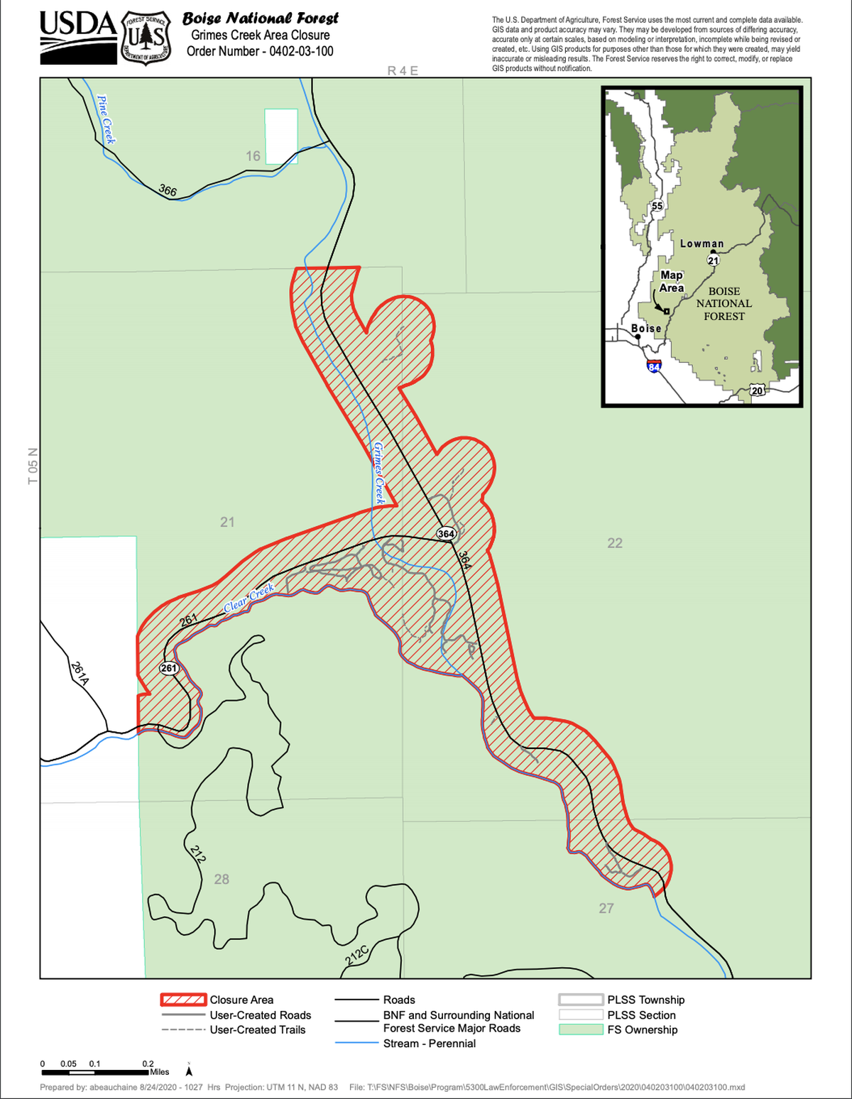 The Grimes Creek area of the Boise National Forest is closed to visitors through Sept. 1, 2021 due to litter and illegal activity in the area.