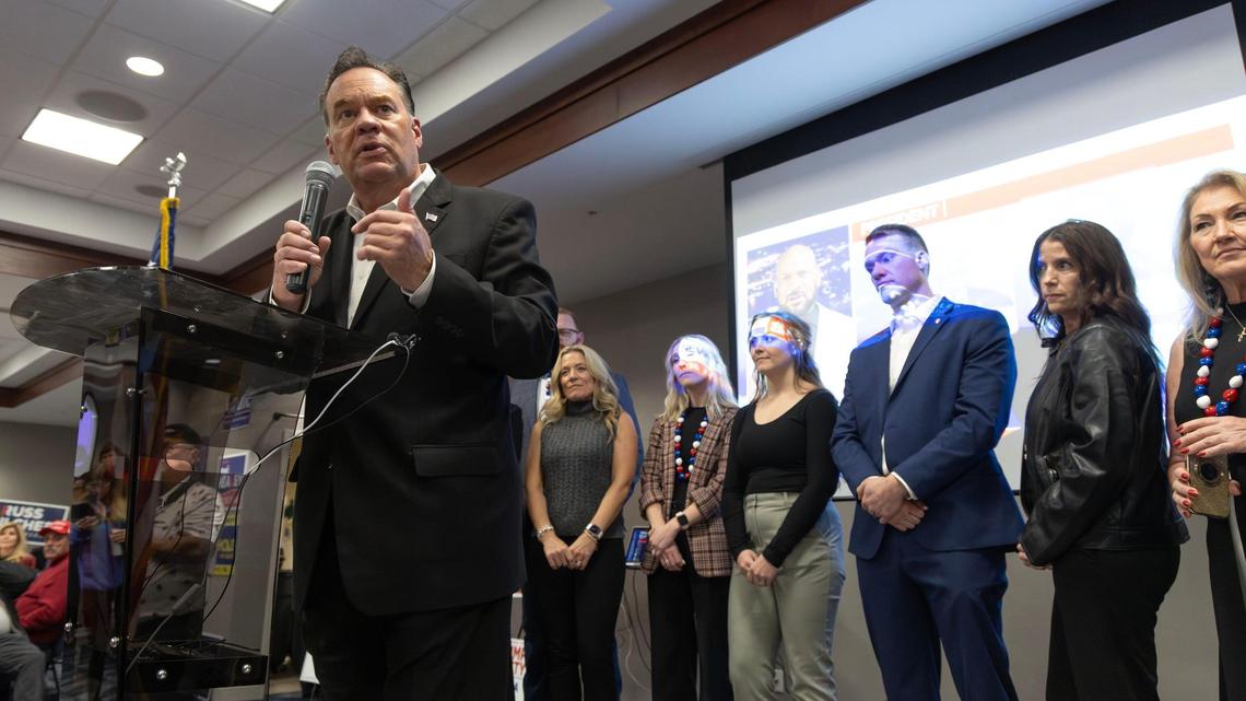 Rep. Russ Fulcher, R-Idaho, thanks supporters at the Idaho Republican Party election night event at The Courtyard Marriott in Meridian, on Tuesday.