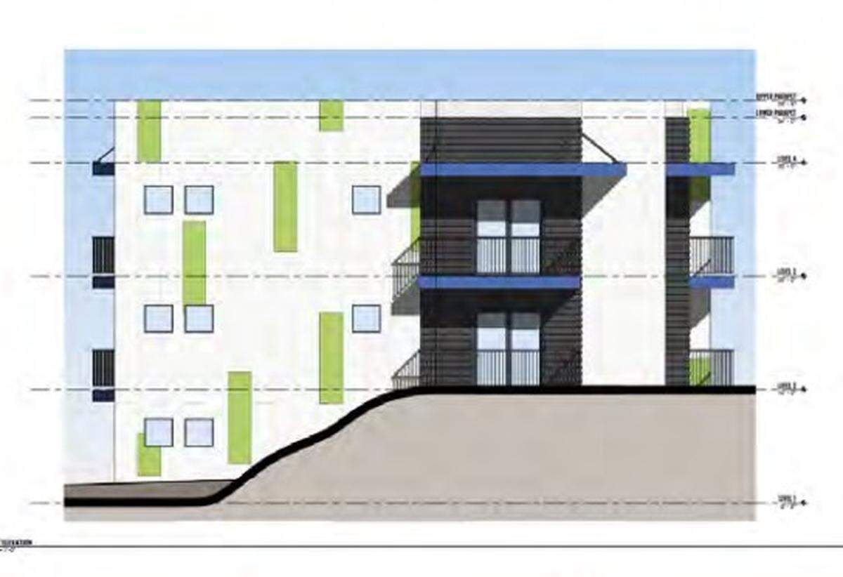 A preliminary view of a planned three-story apartment building on South Maple Grove Road.