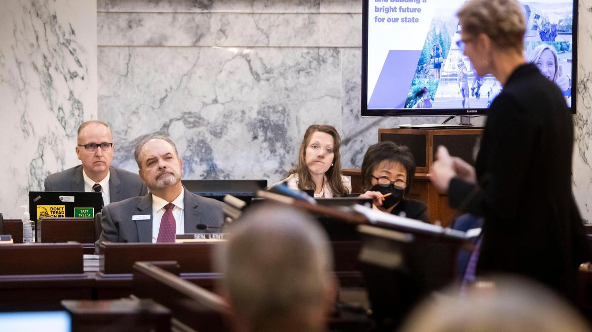 Boise State University President Marlene Tromp addresses a question from lawmakers on the university’s spending on social justice, diversity and equity programs during a legislative committee meeting in January 2022 at the Idaho Capitol.