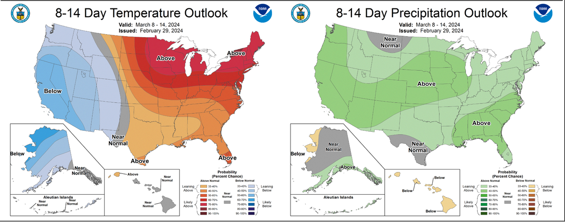 Most areas west of the Rocky Mountains will likely see below-average temperatures to start March.
