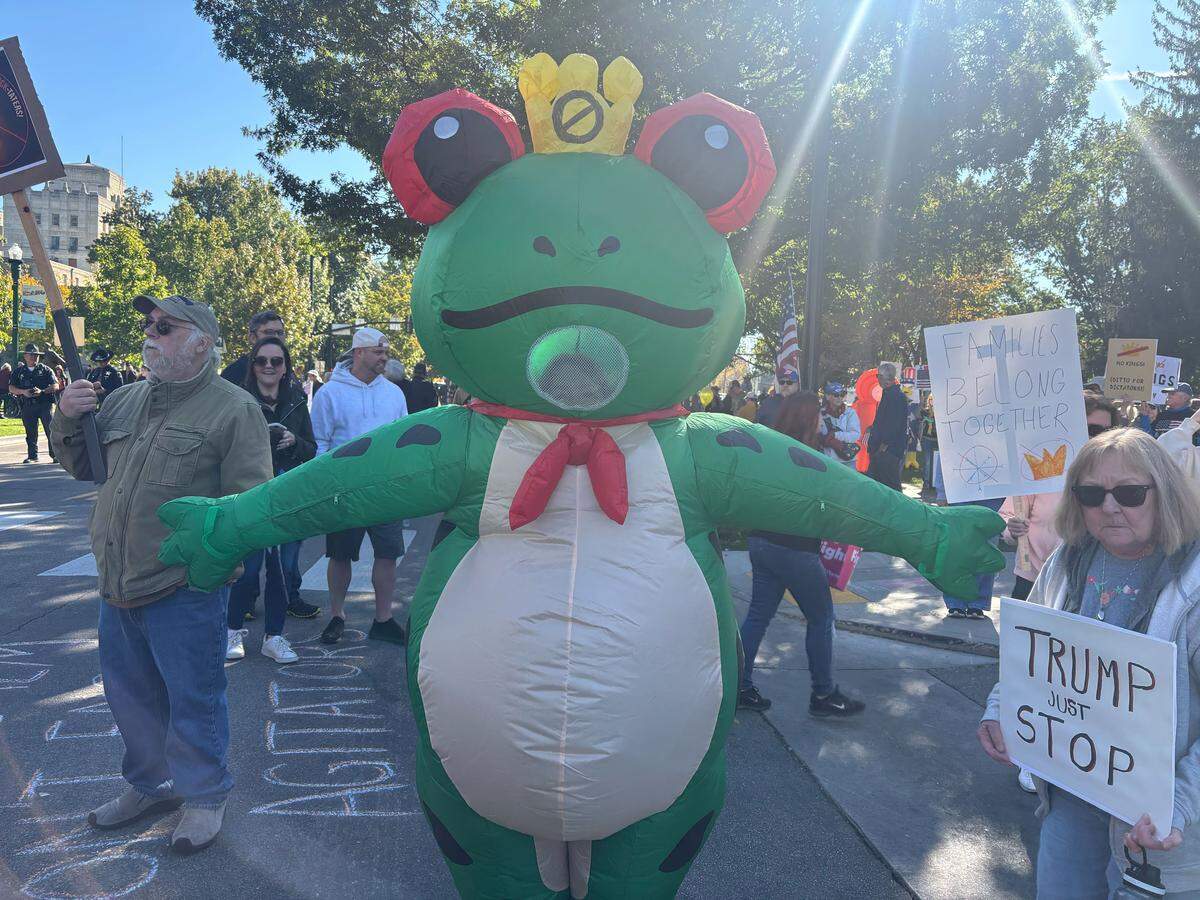 Boise resident Sandy McBride said she came to the protest in an inflatable frog suit to let people know Boise can be just as “weird” as Portland.