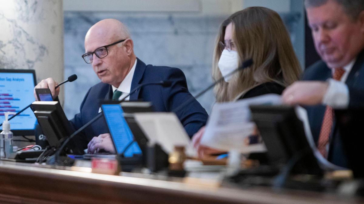 Sen. Carl Crabtree, R-Grangeville, asks questions during a presentation by Idaho’s university presidents outlining their budget proposals before the Joint Fincance/Appropriations Committee Tuesday, Jan. 25, 2022 at the Statehouse in Boise.