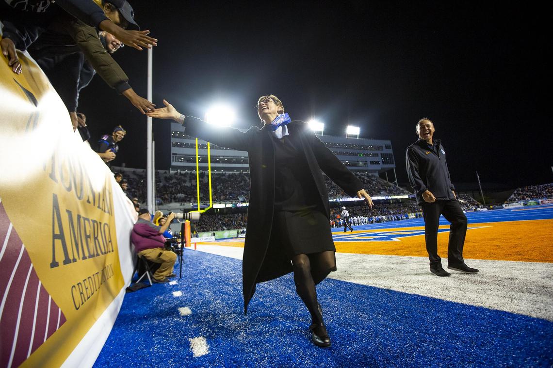 Boise State President Marlene Tromp greets Bronco fans while attending the football game against Air Force Friday, Sept. 20, 2019 at Albertsons Stadium in Boise.