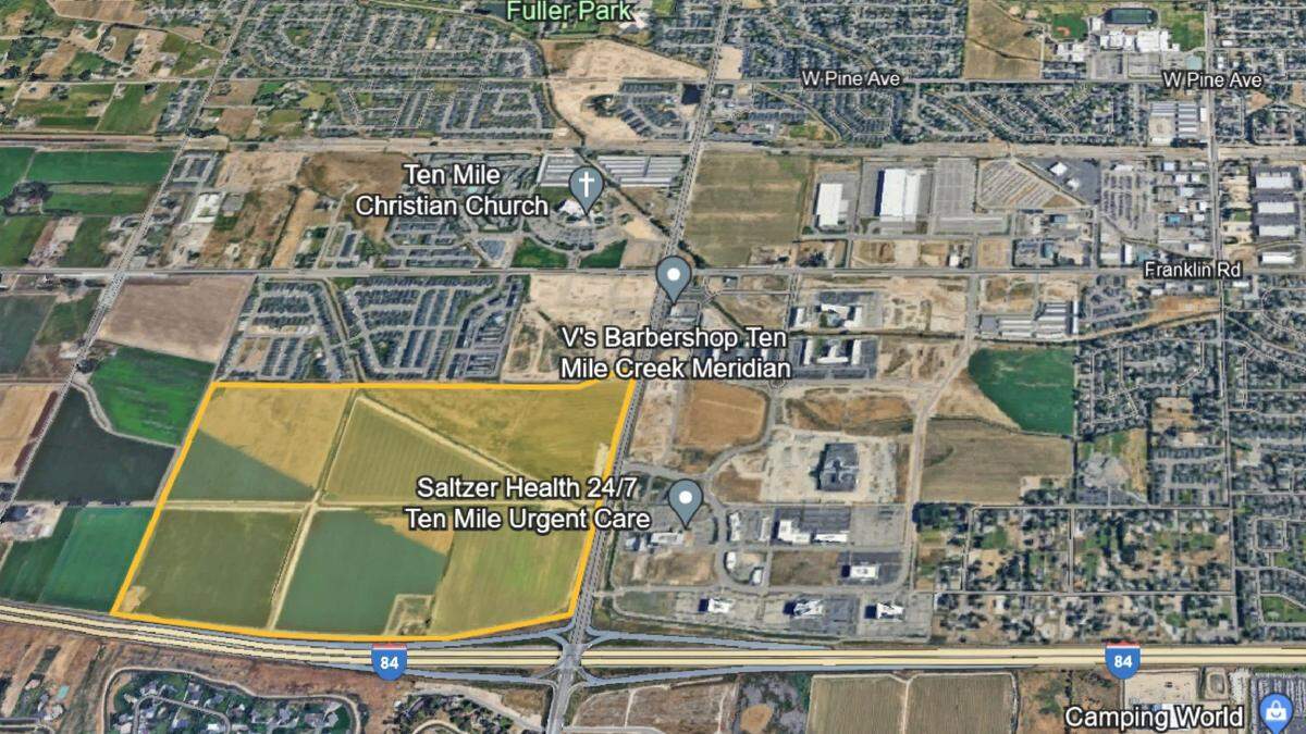 The 222-acre District at Ten Mile is highlighted in yellow. Ten Mile Crossing and the Scheels Sporting Goods store is to the east, across Ten Mile Road.