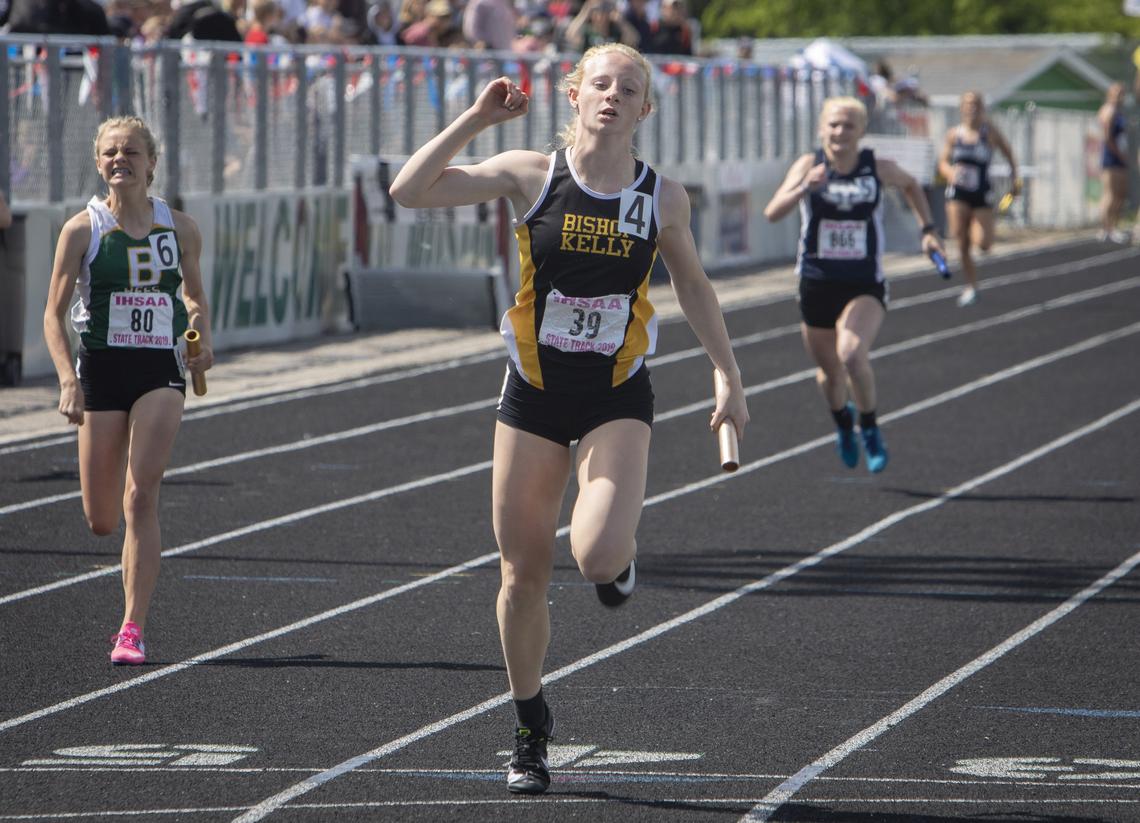 Paige Tekippe anchors Bishop Kelly’s 4x100 meter relay team for a first-place finish in 4A girls relay at the Idaho state track and field championships at Eagle High School on Saturday, May 18, 2019.