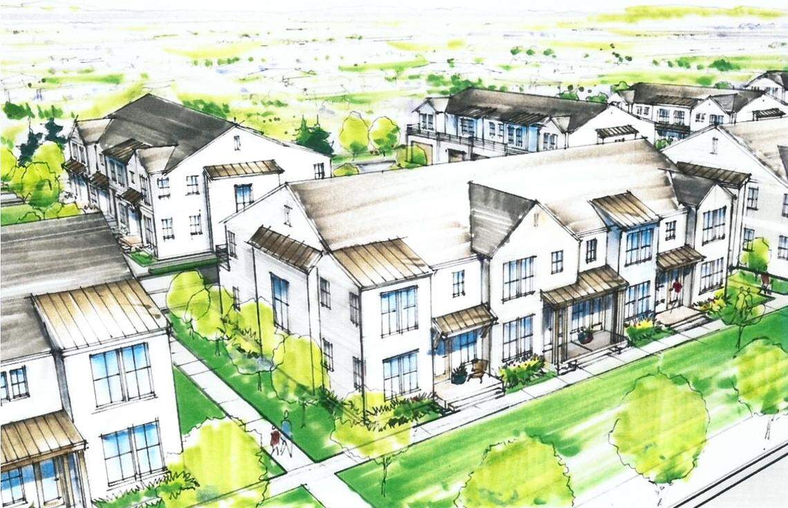 A sketch of the 77 town houses that would be located in the renamed Sugar District along Interstate 84.