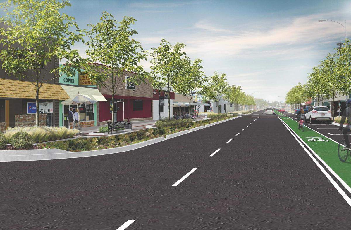 A rendering of an updated downtown Mountain Home has one fewer lane for drivers, but adds a bike lane, landscaping and wider sidewalks to encourage residents to walk around downtown.