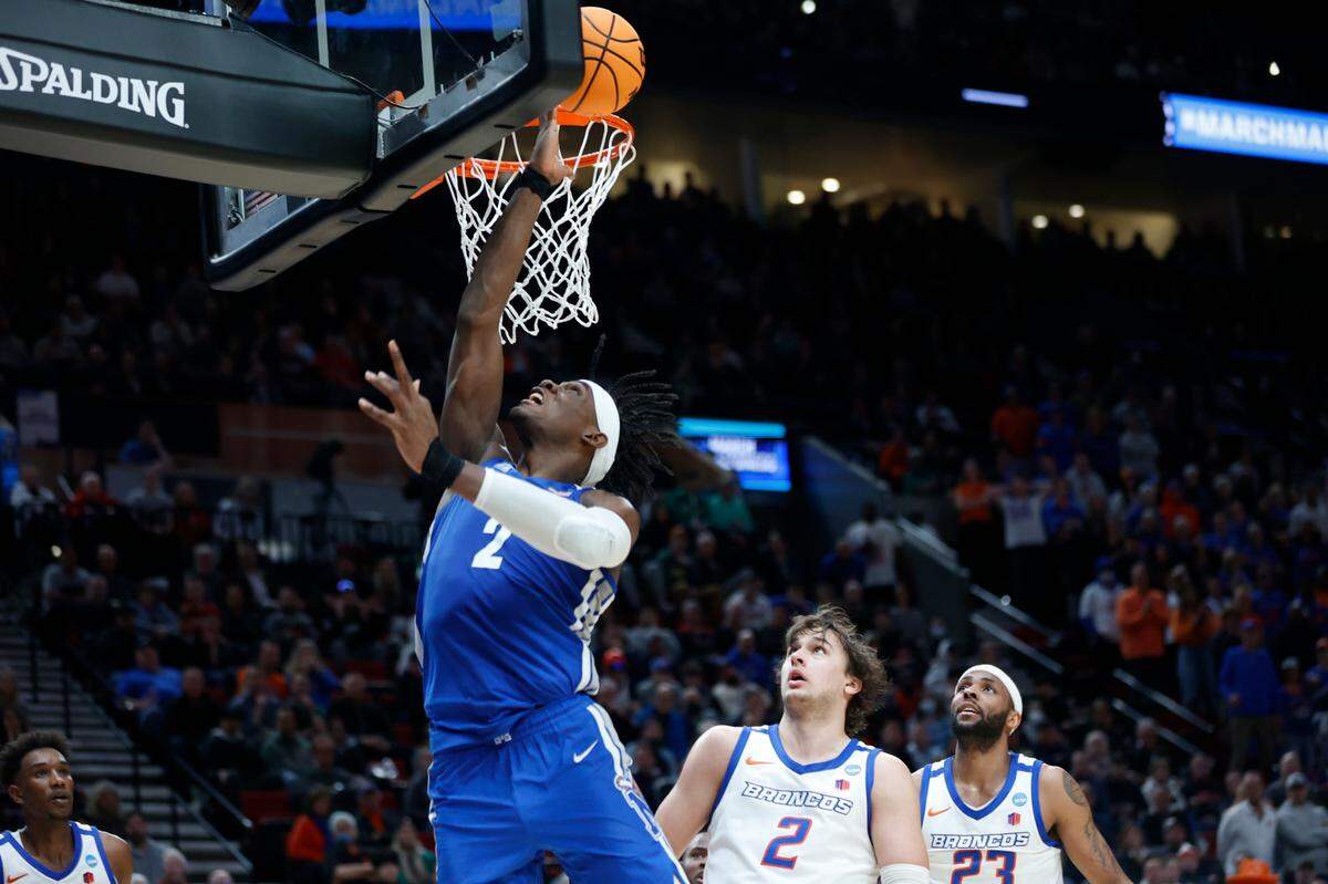 Memphis center Jalen Duren puts up a shot against Boise State during the second half of the Tigers’ 64-53 win at the Moda Center in Portland, Oregon.