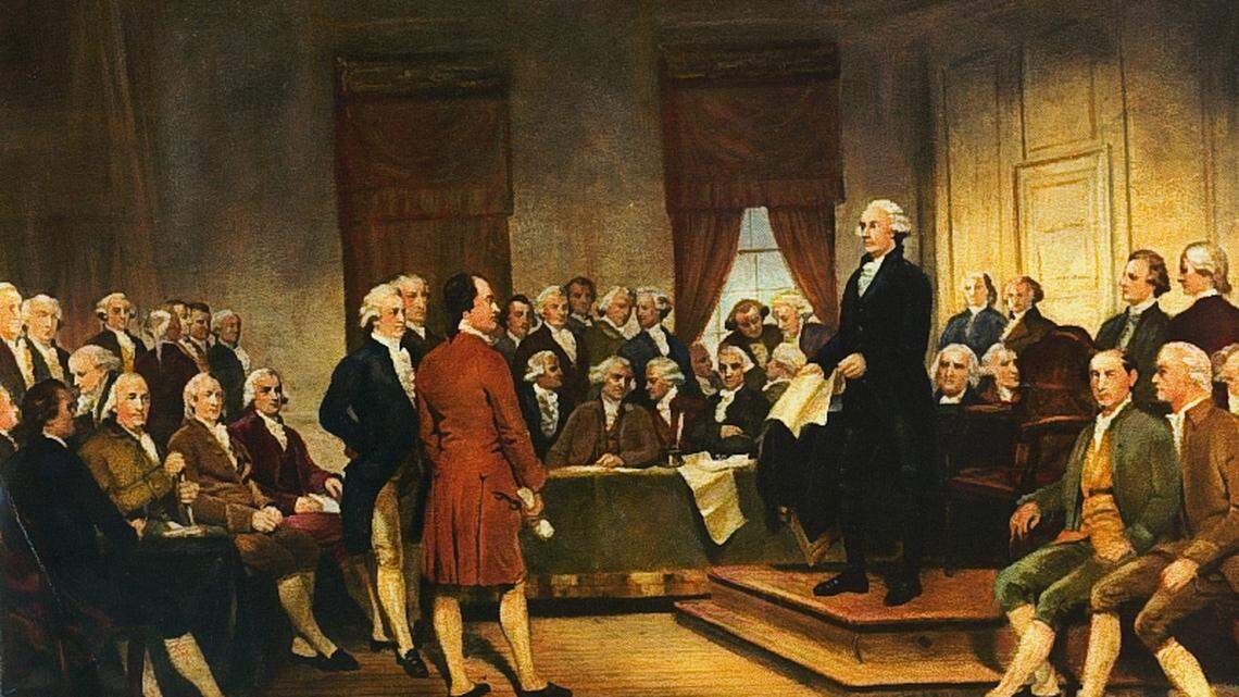 “Washington at Constitutional Convention of 1787, signing of U.S. Constitution” by Junius Brutus Stearns